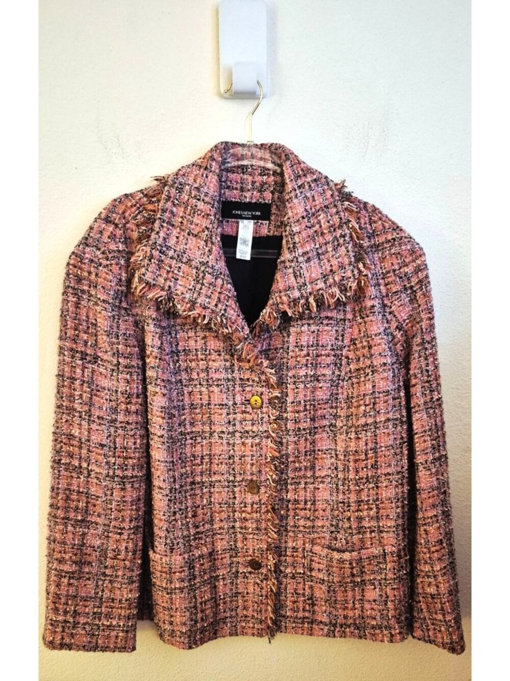 Jones New York Pink Tweed Fringe Trim Wool Blend Blazer Jacket Size 22W EUC